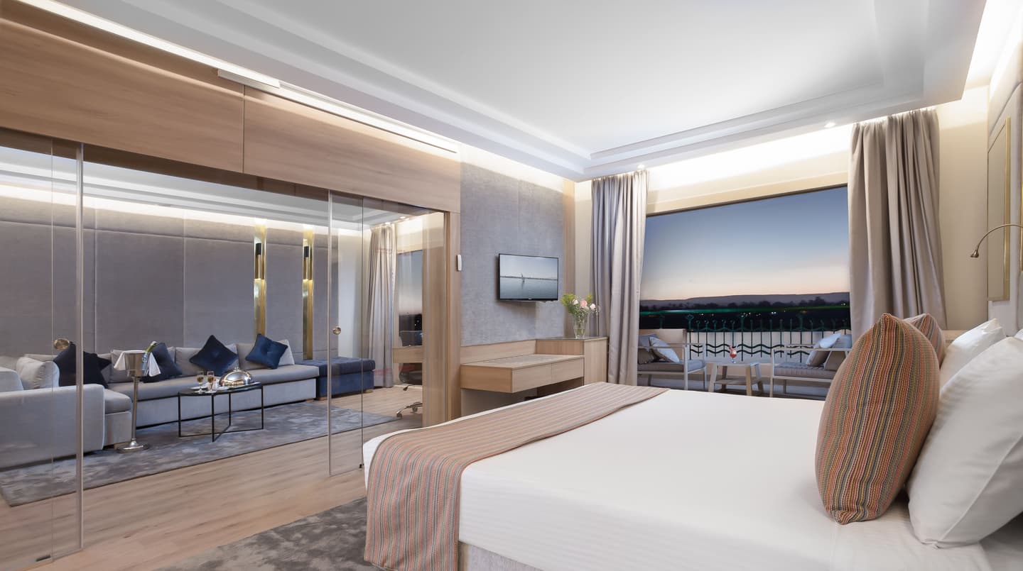 Elegant rooms with private balconies overlooking the Nile